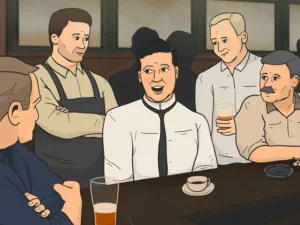 Stylised 1940s-inspired animation still from ‘Father of the Fair Go’ documentary, depicting Maurice Blackburn in conversation at a Melbourne pub