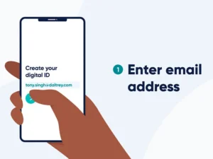 Animated explainer still showing step one of Daltrey onboarding — entering email to create a digital ID on a mobile device