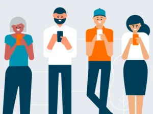 Animated illustration of diverse users on mobile phones from Navag8 fintech explainer video, created for Melbourne-based digital finance platform