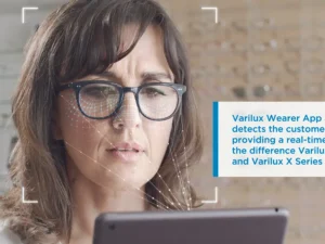Composited graphic showing facial detection overlay in Varilux Wearer App explainer video for Essilor, visualising real-time lens comparison interface