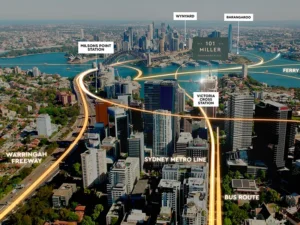 Motion graphic visual overlay on aerial image of Sydney CBD and Harbour, highlighting transport connections near 101 Miller with metro, ferry, and freeway routes