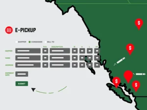 Animated interface mockup of Van Kam’s E-Pickup freight form with stylised map of British Columbia, created for Vancouver-based trucking company explainer video