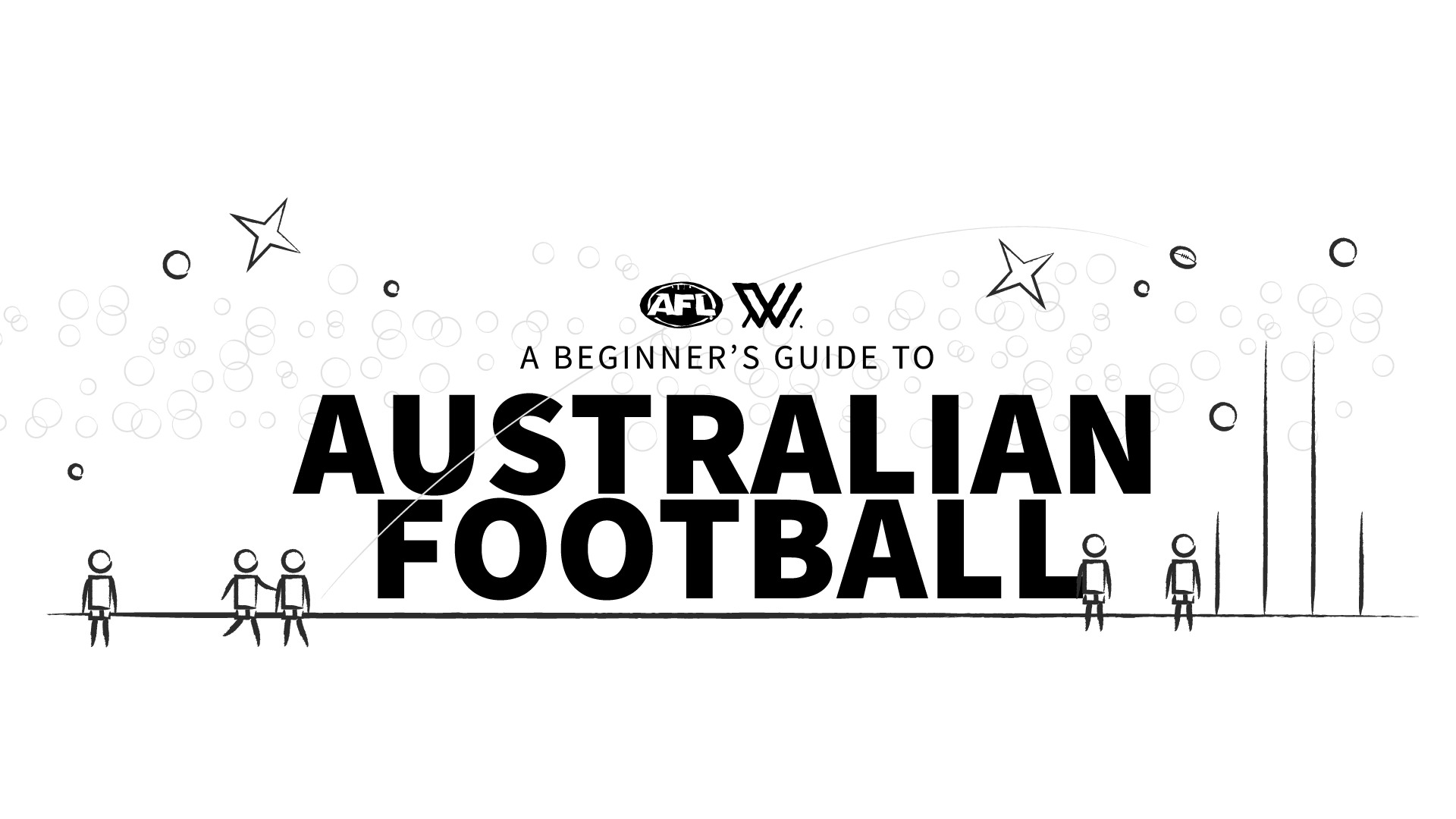 Title card for animated video 'A Beginner’s Guide to Australian Football' featuring stylised AFLW branding and minimal character illustrations