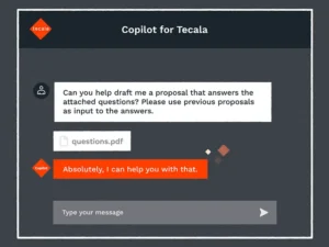 Animated UI mockup from Tecala explainer video showcasing Custom Copilot interface assisting with document-based proposal generation, created in Sydney