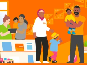 Animated illustration of diverse families and educators at an SDN childcare centre in Sydney, created for early learning explainer video