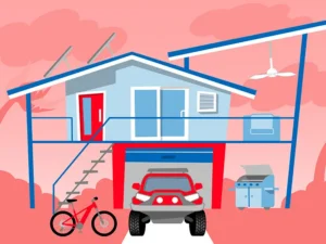 Animated illustration of a Darwin home with car, bike, and BBQ setup, created for TIO insurance TV campaign marking 50 years since Cyclone Tracy