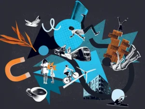 Collage-style animation still from Hoyne book promo video featuring urban lifestyle imagery, motion graphics and 3D page flip transitions, created for Sydney agency Good One