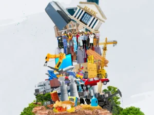 Collage-style animation still from climate change economics film for First Sentiers Investors, featuring stacked industries and infrastructure to visualise systemic impact
